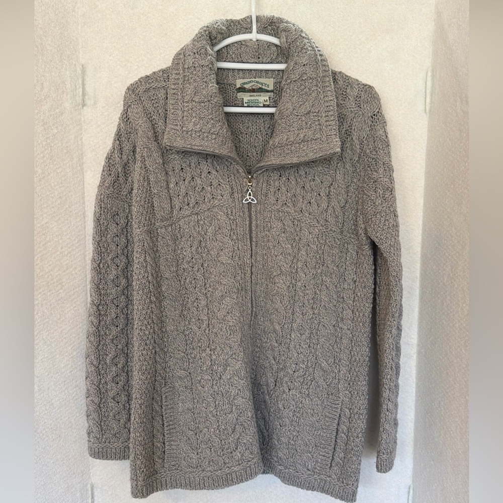 Aran Crafts Ireland Cable Knit Merino Wool Sweater Full Zip Women’s Medium Gray